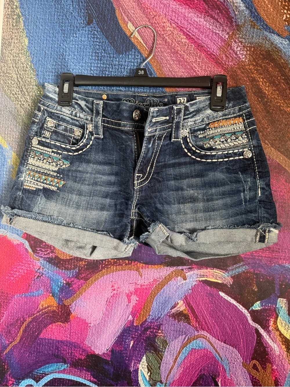 Miss Me Dark Blue Denim Jean Shorts with Embroidered Aztec Detail
